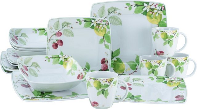 CreaTable Kombiservice Geschirr-Set Victoria Royal Orchard (16-tlg), 4 Personen, Porzellan, Service, oppulenter Obst- und Beeren Dekor, 16 Teile, für 4 Personen