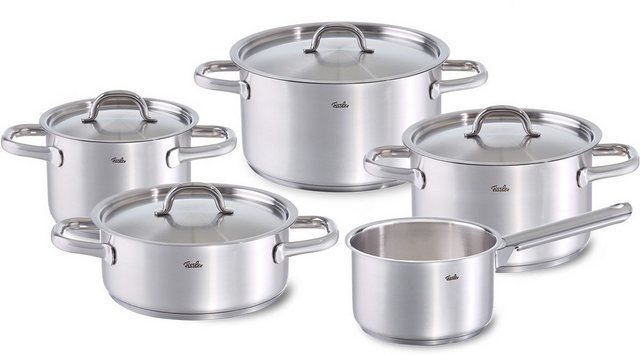 Fissler Topf-Set Family Line, Edelstahl 18/10 (Set, 9-tlg., 1 Bratentopf 20 cm, je 1 Kochtopf 16/20/24 cm, 1 Stielkasserolle 16cm), extra breiter Schüttrand