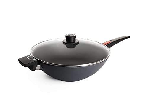 Woll Diamond Lite Wok- und Rührpfanne mit Glasdeckel, Ø 34 cm, 11 cm hoch, mit abnehmbaren Stiel - Geeignet für Ceran, Gas, Elektro, Halogen - nicht induktionsgeeignet, Antihaft-Versiegelung