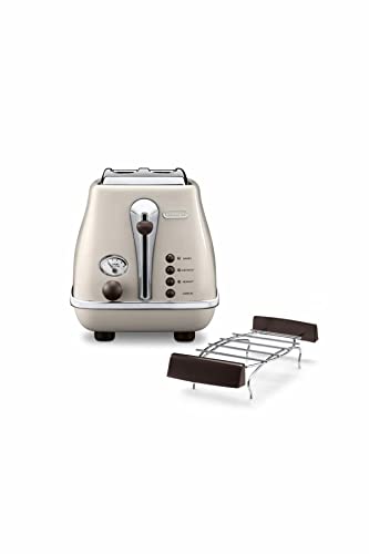 De'Longhi Icona Vintage CTOV 2103.BG – 2-Schlitz-Toaster mit Brötchenaufsatz, Toaster mit 6 Bräunungsstufen, Auftau- & Aufwärmfunktion, aus Edelstahl in elegantem Retro Look, beige im Sale