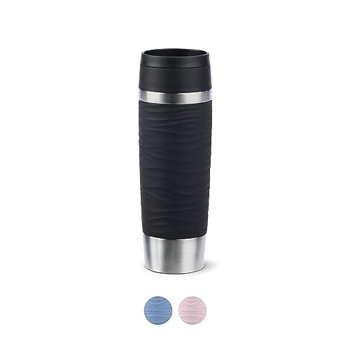 Emsa N20225 Travel Mug Wave Isolierbecher 0,5 Liter , neuer Komfort-Schraubverschluss , Edelstahl , 6h heiß und 12h kalt , 100% dicht , spülmaschinenfest , 360°-Trinköffnung , Schwarz