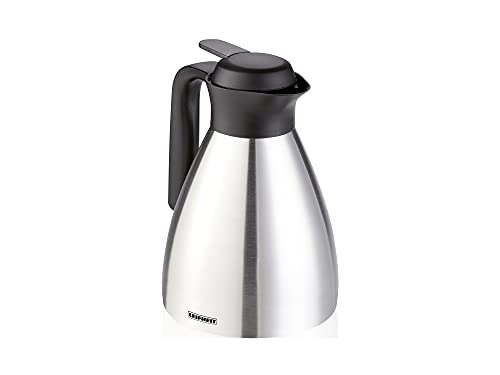 Leifheit Shine 1, 0 L Isolierkanne, 100% dicht, Thermoskanne mit doppelwandigem Edelstahl-Isolierkörper, praktisches Öffnen und Schließen mit einer Hand, Kaffekanne, Teekanne, silber schwarz