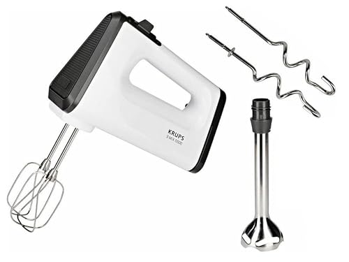 Krups 3 MIX 5500 + Handmixer GN5041 | 500 W | 5 Geschwindigkeiten + Turbo- & Auswurftaste | ergonomischer Griff des Mixers | Schneebesen Knethaken + inkl. Stabmixer aus Edelstahl | weiß | 220-240 V