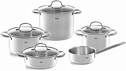 Fissler San Francisco / Edelstahl-Topfset, 5-teilig, Töpfe mit Glas-Deckel, Induktion, alle Herdarten (3 Kochtöpfe, 1 Bratentopf, 1 Stielkasserolle-deckellos), Silber im Sale