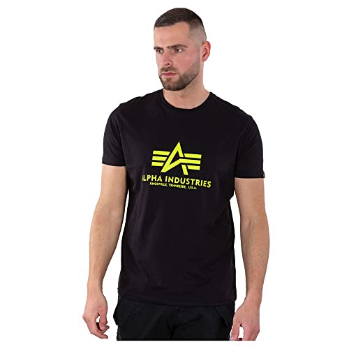 Alpha Industries Herren Basic Print T-Shirt, Black/Neon Yellow, im Sale