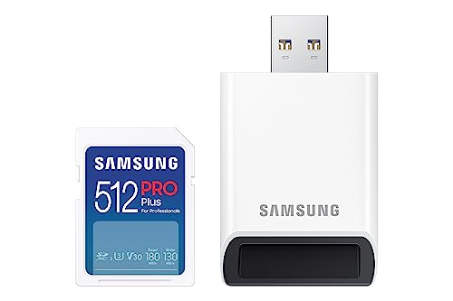 Samsung PRO Plus SD-Karte, 512 GB, UHS-I U3, Full HD & 4K UHD, 180 MB/s Lesen, 130 MB/s Schreiben, Speicherkarte für Kameras und Drohnen, Inkl. USB-Kartenleser, MB-SD512SB/WW im Sale