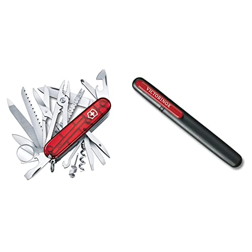 Victorinox, Taschenmesser, Swiss Champ, 91 mm, rot transparent (33 Funktionen, Klinge, Korkenzieher, Mini-Schraubendreher 1.5 mm, Klinge) & Dual-Messerschärfer, schwarz im Sale