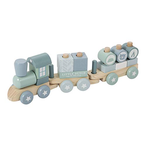 Little Dutch 4480 Holz Eisenbahn Zug mit Steckformen Adventure blau Mint 0422017 Holz-Eisenbahn mit Steck-Formen, Adventure Mint