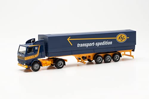 herpa 315272 Scania 142 Planen-Sattelzug ASG, originalgetreu im Maßstab 1:87, Modell LKW für Diorama, Modellbau Sammlerstück, Made in Germany, Deko, Miniaturmodell aus Kunststoff, blau, gelb im Sale