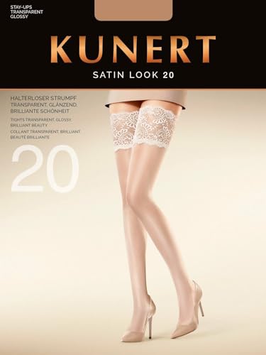 KUNERT Damen Halterlose Strümpfe Satin Look 20 breites Spitzenband 20 DEN Cashmere 0540 S