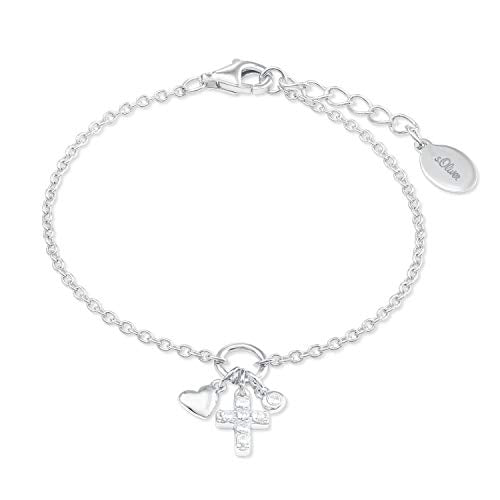 s.Oliver Armband 925 Sterling Silber Mädchen Kinder Armschmuck, mit Zirkonia synth., 14+2 cm, Weiß, Kreuz, Kommt in Schmuck Geschenk Box, im Sale