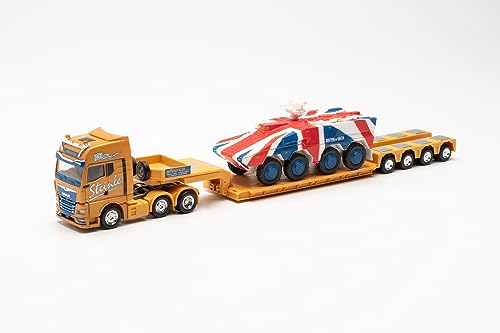 Herpa LKW Modell Man TGX GX 6x2 TiefladeSattelzug mit GTK Boxer England Spedition Steinle (Bayern/Lauingen), Miniatur im Maßstab 1:87, Sammlerstück, Made in Germany, Kunststoff