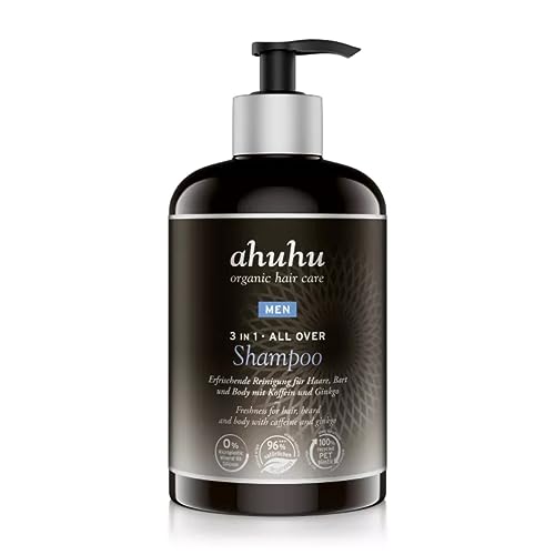 ahuhu MEN 3 in 1 ALL OVER Shampoo XXL (500ml) - All-in-One Männer Shampoo für Haare, Bart und Körper, pflegt Haare & Bart angenehm weich mit Koffein, Hyluaronsäure & Gingko, vegane Haarpflege