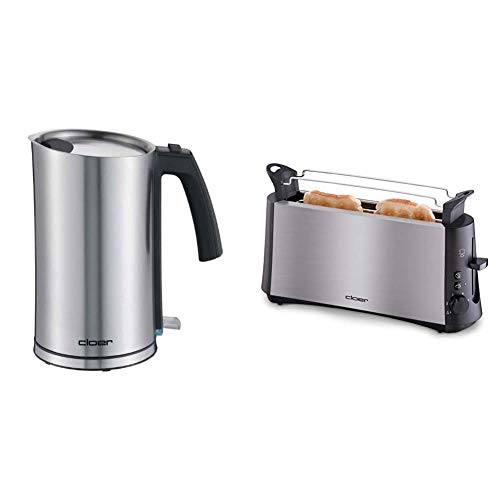 Cloer 4909 Cool-Wall-Wasserkocher / 2000 W / 1,2 Liter & 3810 Langschlitztoaster, 880 W für 2 Toastscheiben mit Graubrot-Funktion zum Toasten von verschiedenen Brotsorten