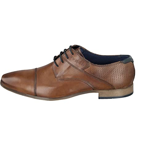 bugatti Business Halbschuh aus echtem Glattleder, Derby mit Querkappe und geprägtem Schaft, Cognac, EU im Sale