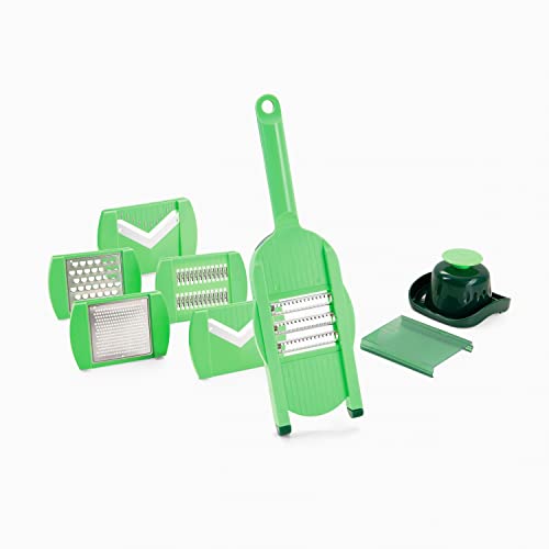 Genius Nicer Dicer Speed Light | Handhobel | Set 8-tlg. - Verstellbarer Hobel Reibe manuell mit V-Klinge | Gemüseschneider Gemüsehobel, Dunkelgrün,silber,grün