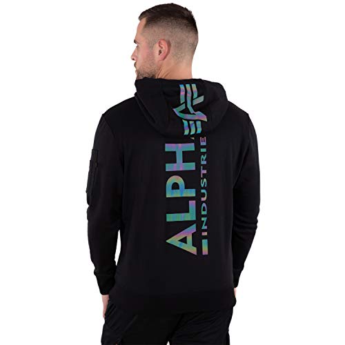 ALPHA INDUSTRIES Herren Back Print Hoody Rainbow Refl.Print Kapuzensweat Kapuzenpullover, Black, im Sale