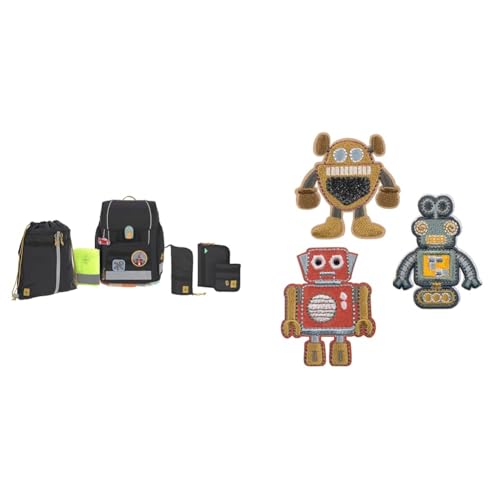 LÄSSIG 7-teiliges Schulranzen Set Kinder/School Set Boxy Unique Schwarz & Textilsticker selbstklebend/Textile Woven Sticker Robots im Sale