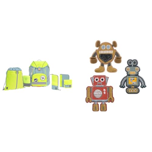 LÄSSIG 7-teiliges Schulranzen Set Kinder/School Set Flexy Unique blau/neon-gelb & Textilsticker selbstklebend/Textile Woven Sticker Robots im Sale