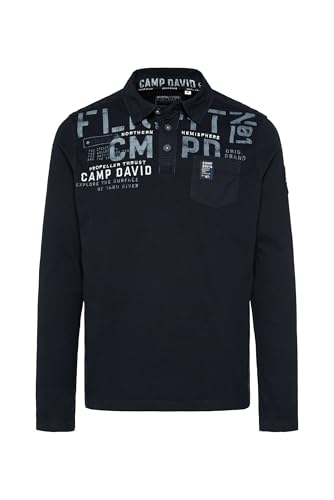 Camp David Herren Longsleeve mit Polokragen und Artworks Blue Navy im Sale