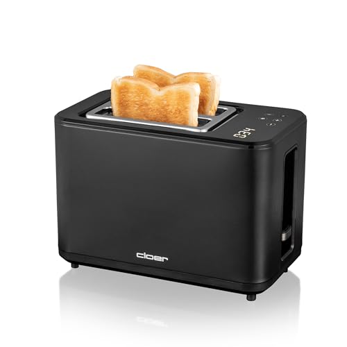 Cloer 3930 Digitaler Toaster für 2 Scheiben, Touch-Funktion, 750-900 W, Restzeitanzeige, Auftaufunktion, Wiederaufwärmfunktion, Brötchenaufsatz, 7 Bräunungsstufen, Krümelschublade, schwarz