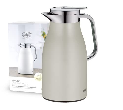 alfi Skyline 1,0l, Silver Lining, Edelstahl-Isolierkanne mit hygienischem Hartglaseinsatz, Drehverschluss mit bequemer Drucktaste, ergonomischer Griff, ideal als Kaffeekanne, Teekanne im Sale