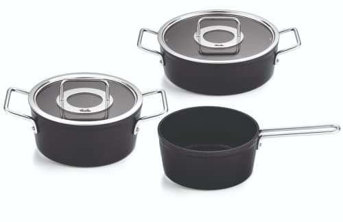 Fissler Adamant / Aluminium-Kochtopfset, 3-teilig, Töpfe-beschichtet mit Glasdeckel, antihaftend (1 Kochtopf ,1 Bratentopf, 1 Stielkasserolle) - Induktion, Anthrazit im Sale