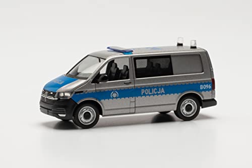 herpa 097109 Polizei Modellauto VW T 6.1 Bus „Policja Polen“, originalgetreu im Maßstab 1:87, Auto Modell für Diorama, Modellbau Sammlerstück, Deko Miniaturmodelle aus Kunststoff, Mehrfarbig