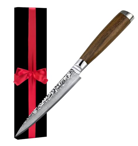 adelmayer® Damastmesser - Allzweckmesser scharf (Klinge: 13 cm) aus japanischem Damast-Stahl geschliffen - edles Damast-Küchenmesser mit Walnussholz-Griff und hochwertiger Geschenkbox (Ohne Extras)