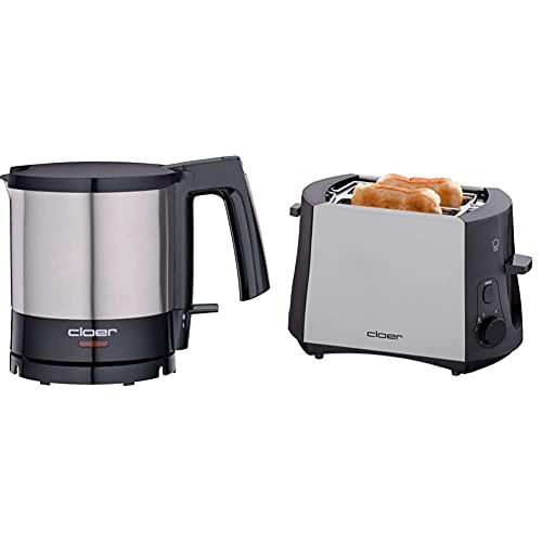 Cloer 4720 Wasserkocher / 2000 W/innen liegende Füllmengenmarkierung/Trockengeh- und Überhitzungsschutz / 1 Liter & 3410 Toaster / 825 W/für 2 Toastscheiben/integrierter Brötchenaufsatz