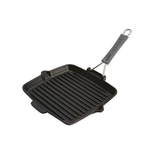 STAUB Gusseisen Grillpfanne mit Silikongriff, Induktionsgeeignet, Quadratisch 24 cm, Schwarz