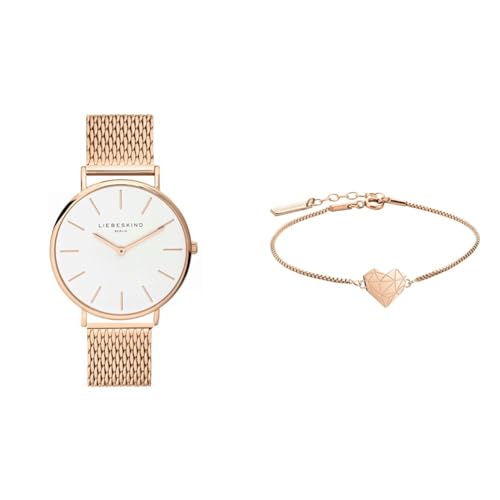 Liebeskind Damen Analog Quarzuhr 38 mm & Damen Armband Herz Edelstahl Silber 20 cm (roségold)