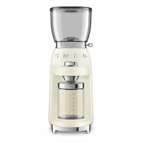 SMEG, Kaffeemühle CGF11CREU, konisches Edelstahlmahlwerk, 30 Mahlgrad Einstellungen, 350 g Kaffeebohnenbehälter, Premium Aluminium-Druckgussgehäuse, 150W, Creme im Sale