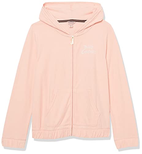 Juicy Couture Mädchen-Kapuzen-Sweatshirt, langärmelig, Fleece, durchgehender Reißverschluss und Kapuzenpullover, Taschen, gerippte Bündchen, Apricot Blush/Terry, 7 im Sale