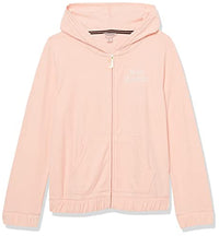 Thumbnail for Juicy Couture Mädchen-Kapuzen-Sweatshirt, langärmelig, Fleece, durchgehender Reißverschluss und Kapuzenpullover, Taschen, gerippte Bündchen, Apricot Blush/Terry, 7 im Sale