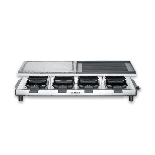 SEVERIN Raclette-Grill mit Naturgrillstein und Grillplatte, Raclette mit antihaftbeschichteter Grillplatte, Tischgrill für 8 Personen, max. 1.700 W, Edelstahl / schwarz, RG 2373 im Sale