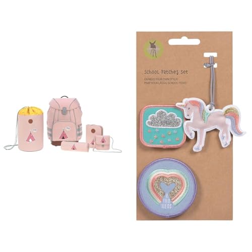 LÄSSIG Schulranzen Set mit Sporttasche, Federmäppchen & Anhänger und Patches Set (3 STK.) mit Druckknopf/School Patches Set Unicorn Glitter