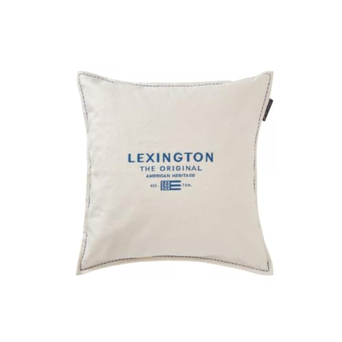 LEXINGTON Logo Embroidered Linen/Cotton Pillow Cover, White/Blue, 50x50