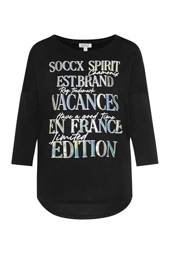 SOCCX Damen Shirt mit 3/4-Ärmeln und Buntem Wording Print Black Xs im Sale