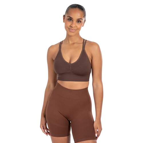 SMILODOX Damen Sport BH Katrin Scrunch - Shaped Fit Top - Blickdicht, V-Ausschnitt, Fester Halt, herausnehmbare Cups, elastisch - Schöner Rückenausschnitt - Ideal für Fitness, Yoga, Workout im Sale