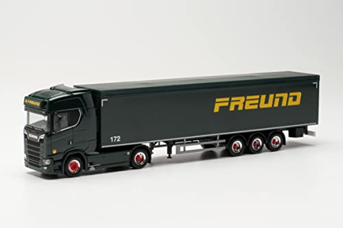 Herpa LKW Modell Scania CS 20 HD Schubboden-Sattelzug „Spedition Freund“, originalgetreu im Maßstab 1:87, Modell LKW für Diorama, Modellbau Sammlerstück, Deko Miniaturmodelle aus Kunststoff