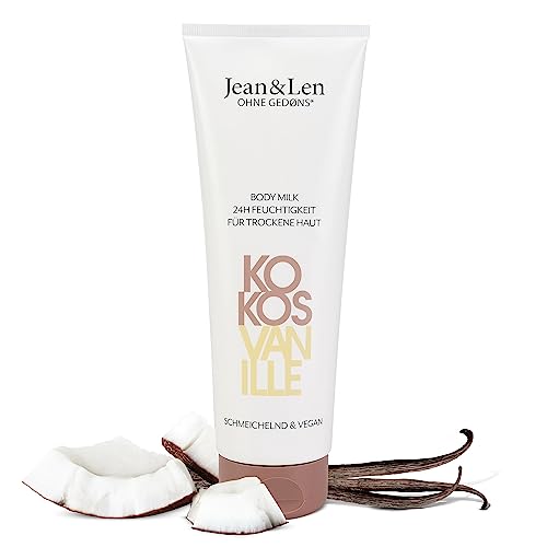 Jean & Len Body Milk Kokos & Vanille, für trockene Haut, versorgt die Haut 24 Stunden mit Feuchtigkeit, cremige Textur, exotischer Duft, Körpermilch, ohne Parabene & Silikone, vegan, 250 ml