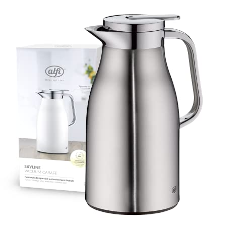 alfi SKYLINE 1,0l, stainless steel mat, Edelstahl-Isolierkanne mit hygienischem Hartglaseinsatz, Drehverschluss mit bequemer Drucktaste, ergonomischer Griff, mit einer Hand, ideal als Kaffeekanne