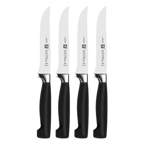 ZWILLING Vier Sterne Steakmesser-Set 4-teilig, Klingenlänge 12 cm, Rostfreier Spezialstahl, Ergonomischer Kunststoff-Griff, Schwarz [Made in Germany], Bunt im Sale