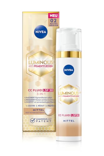 NIVEA Luminous 630 Anti-Pigmentflecken CC Fluid LSF 30 für mittlere Hauttöne, CC Cream mit Hyaluron und mikroverkapselten Farbpigmenten, Tagescreme mit LSF 30 für einen ebenmäßigen Teint (40 ml) im Sale