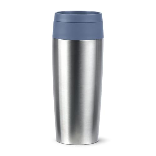 Emsa Travel Mug Eco Isolierbecher, 0,36 l, Comfort-Schraubverschluss, Quick-Press, Öko-Design, 100% dicht, hält Getränke 4h warm und 8h kühl, 360°-Rundum-Trinköffnung, Edelstahl/Blau, N2024100 im Sale