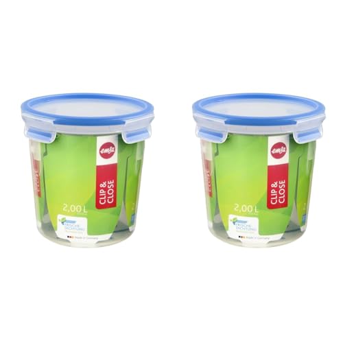 Emsa 508553 Clip & Close Frischhaltedose | Rund | 2,0 Liter | Clip-Verschluss | Kunststoff | Transparent/Blau, 1 Stück (2er Pack)