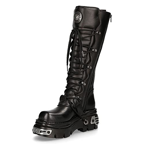 New Rock 272-S1 Gothic Emo Kniehohe Stiefel Aus Schwarzem Leder Mit Spitze und Schnallenverschluss 40 im Sale