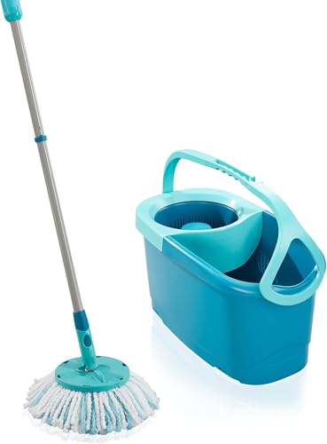 Leifheit Set CLEAN TWIST Disc Mop Ergo 2.0, Bodenwischer mit Mikrofaser Bezug für nebelfeuchte Reinigung auf Fliesen und Laminat, Wischmopp mit Click-System und Schleudertechnologie