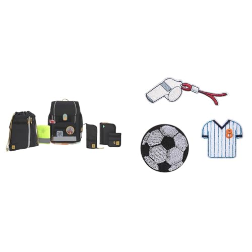 LÄSSIG 7-teiliges Schulranzen Set Kinder/School Set Boxy Unique Schwarz & Textilsticker selbstklebend, zum Aufbügeln/Textile Woven Sticker Stick on Football im Sale